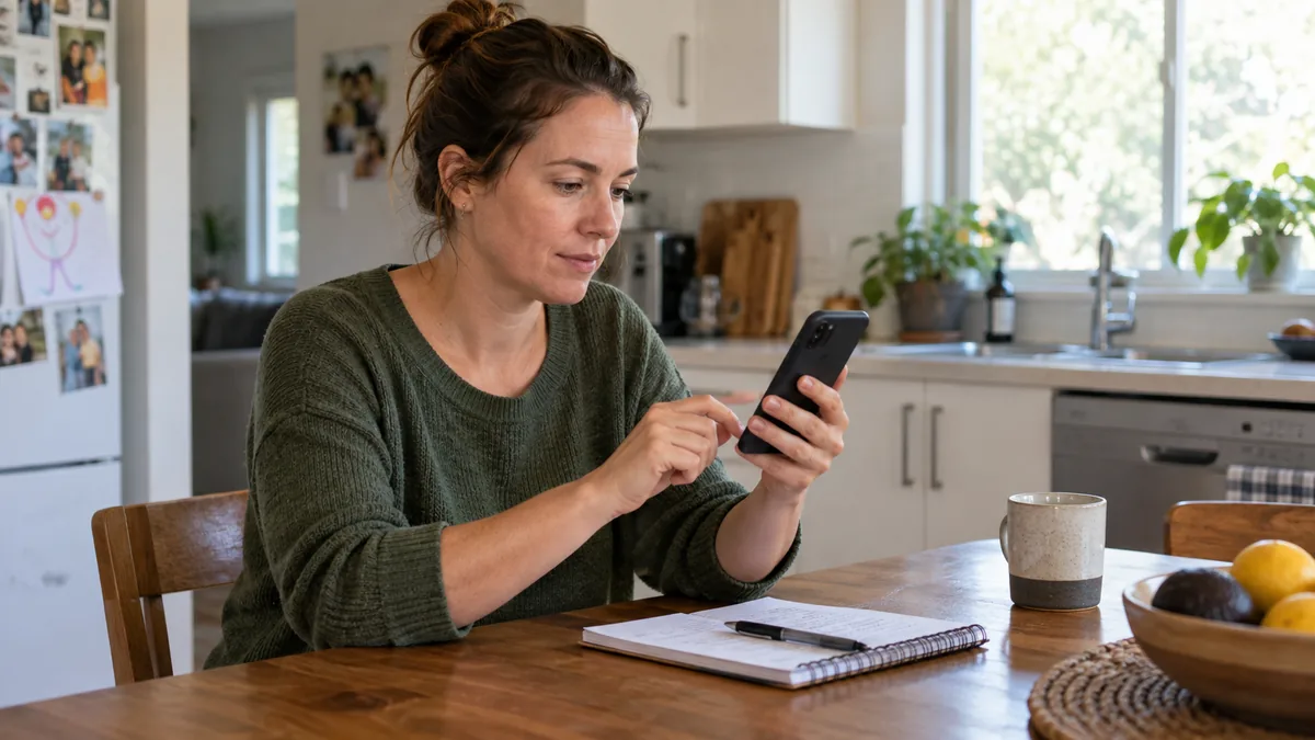 Homeowner at a kitchen table using a smartphone to enquire about a local repair service.