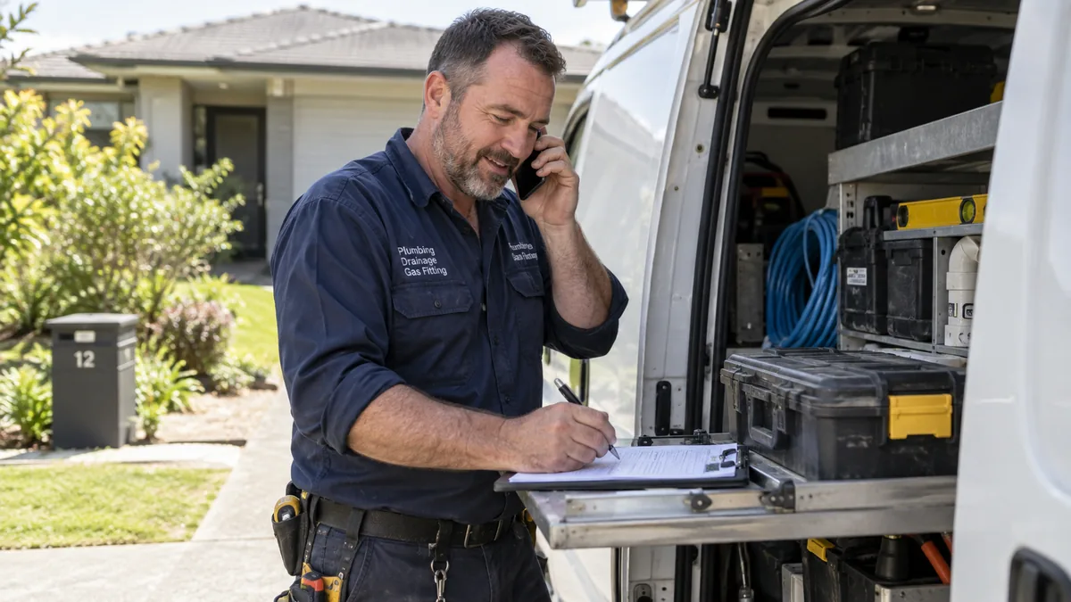 Tradesperson beside his work van answering an enquiry on his mobile phone and writing notes on a clipboard.