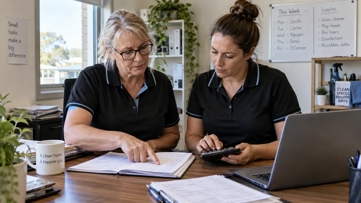 Two small business owners comparing enquiry notes with completed job records at an office desk.