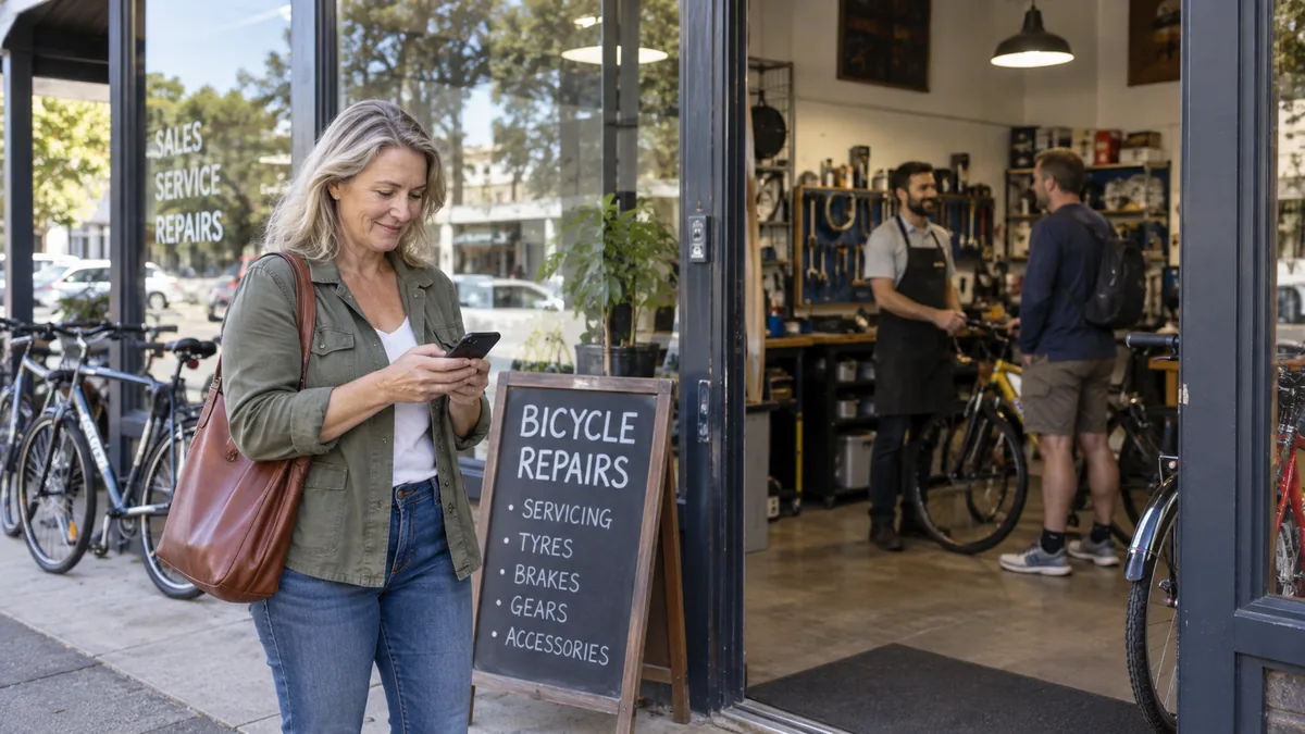 Customer checking her phone outside a suburban shop before going in, owner welcoming another customer inside.