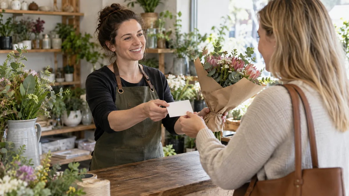 Florist handing a customer a small plain thank-you card at the shop counter.