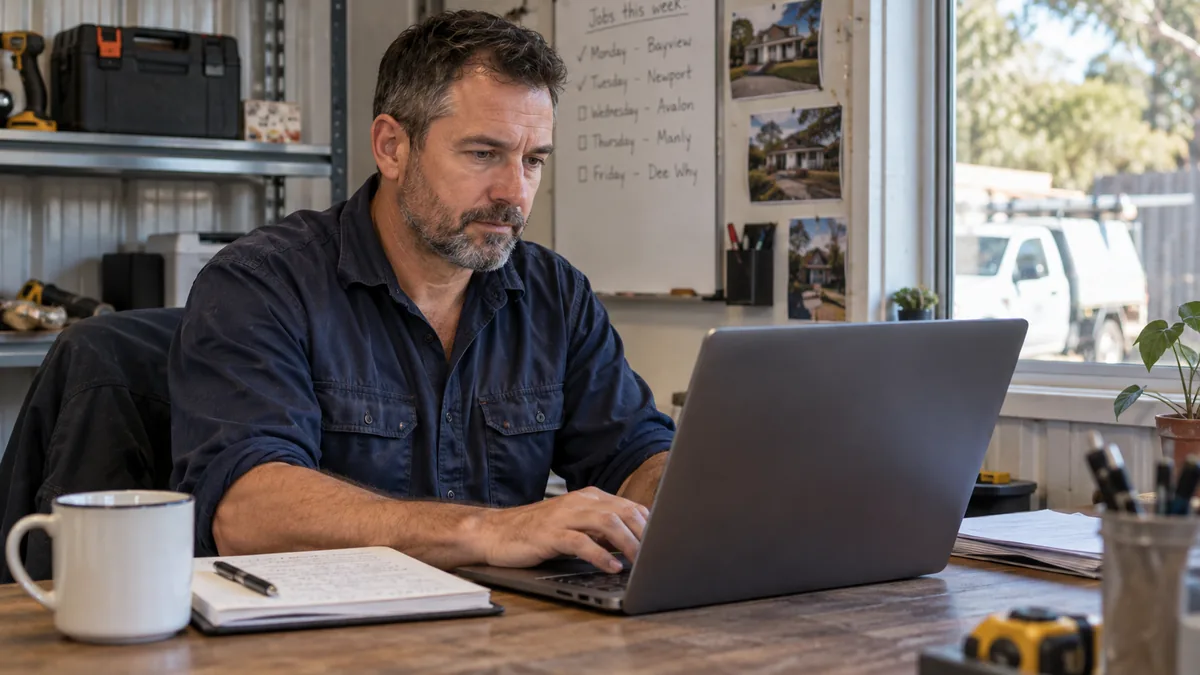 Business owner thoughtfully typing a review response at his laptop in a small workshop office.