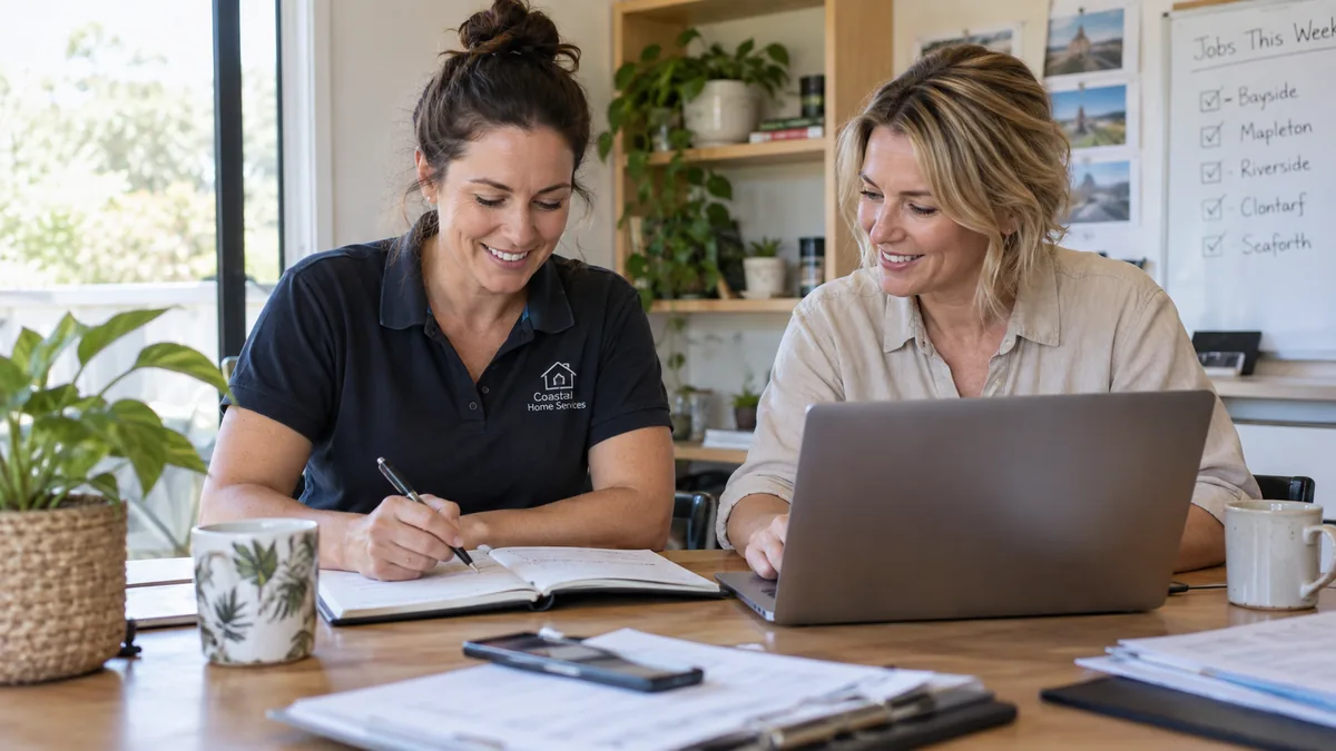 Two women running a small home-services business reviewing completed job paperwork together at a desk.