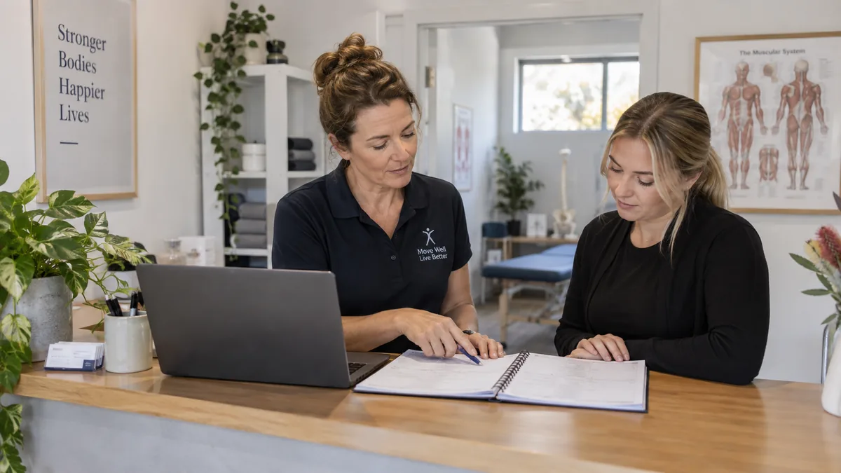 Clinic owner and receptionist reviewing a paper appointment diary and a list of recent enquiries.