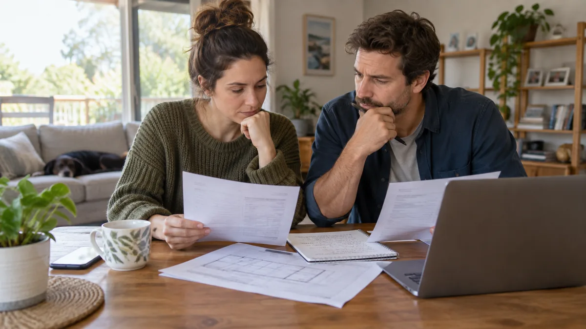 Couple comparing two printed renovation quotes at a living-room table.