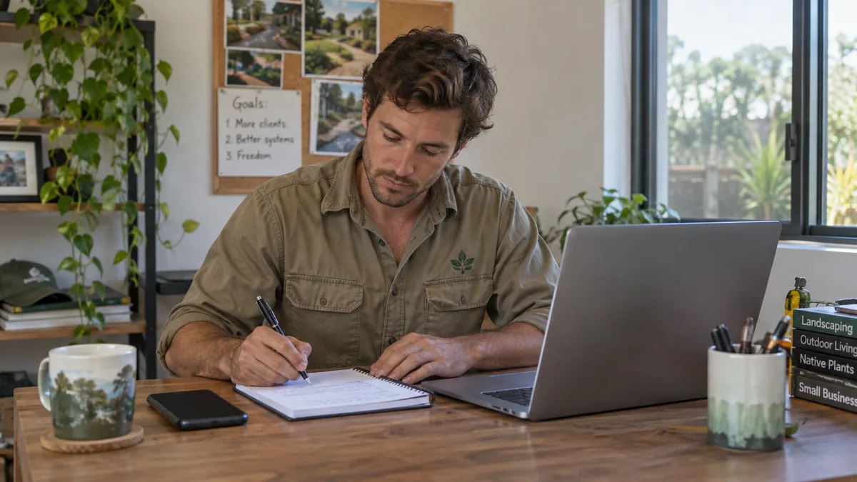 Small business owner drafting follow-up messages by hand in a paper notebook at a home office desk.
