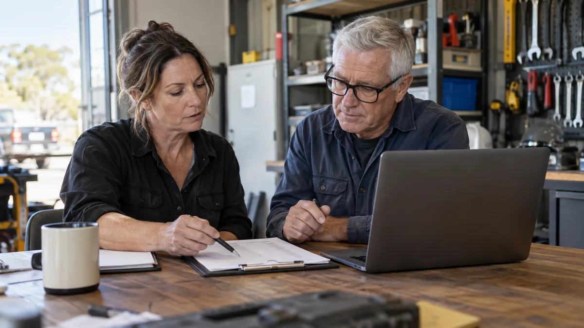 Business owner and office administrator marking items on a printed compliance checklist together.