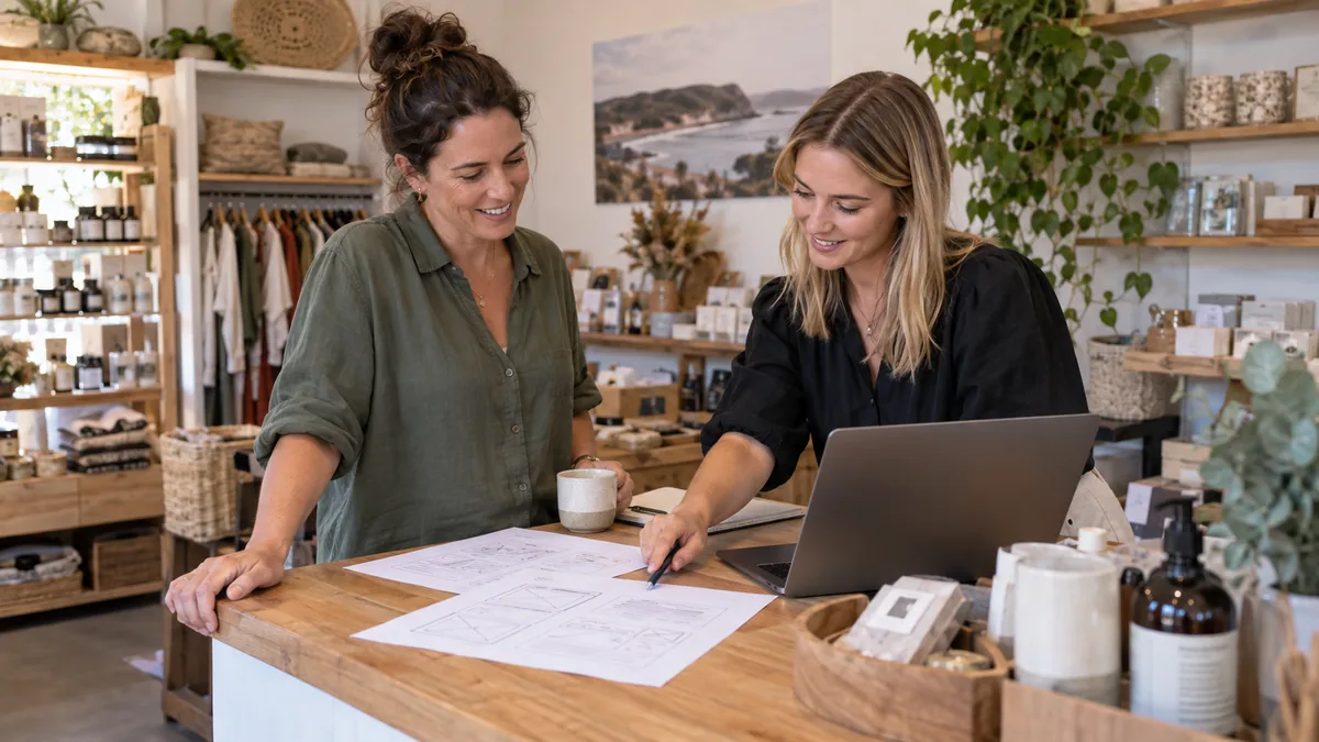 Small business owner and web designer discussing a website brief at a shop counter.
