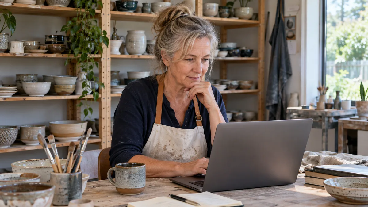 Ceramics business owner using a laptop at her studio desk, shelves of handmade bowls behind her.