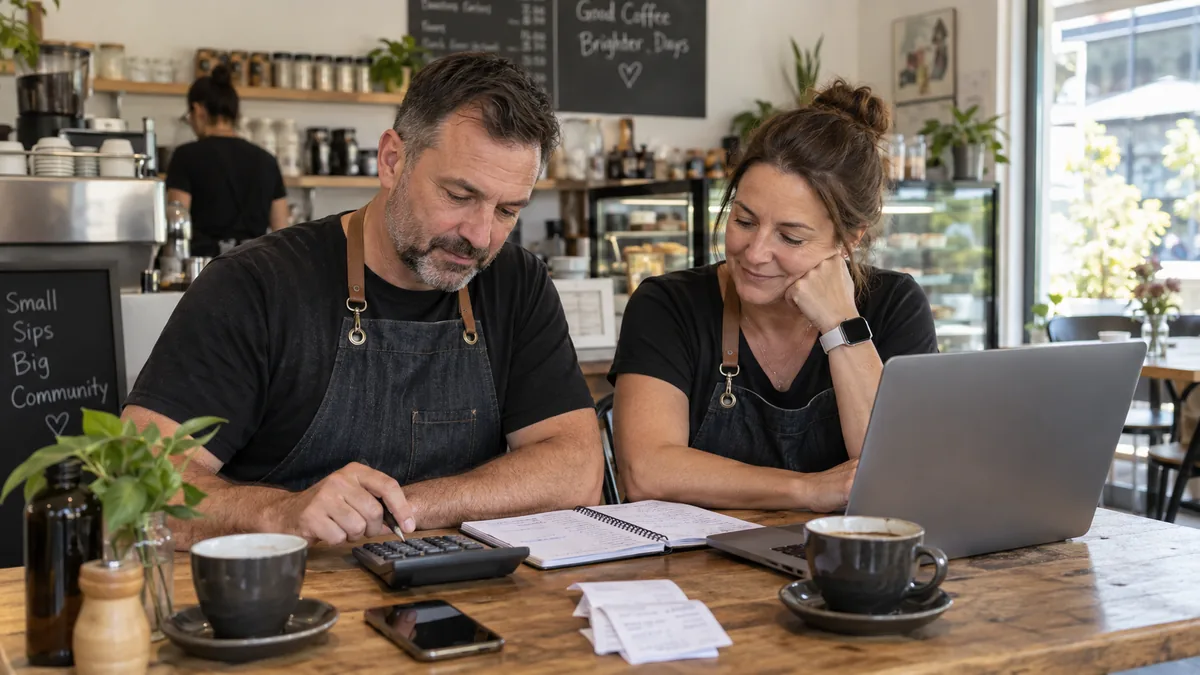 Cafe owners calculating a website budget with a calculator and notebook beside a laptop.