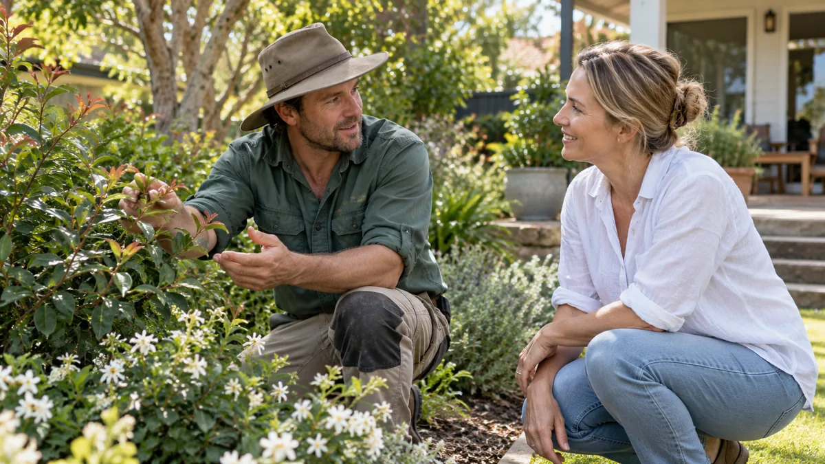 Local gardener discusses seasonal maintenance with homeowner in leafy Australian garden, no sale banners.