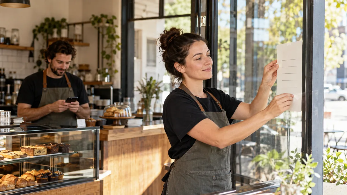 Cafe owner places a simple opening-hours sheet in window while coworker checks phone, print visually indistinct.