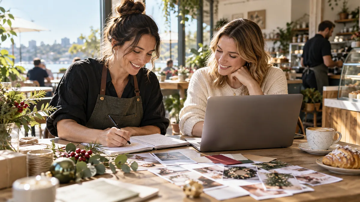 Cafe owner and marketer planning seasonal content at sunny table, notebook, laptop and restrained festive mood board.