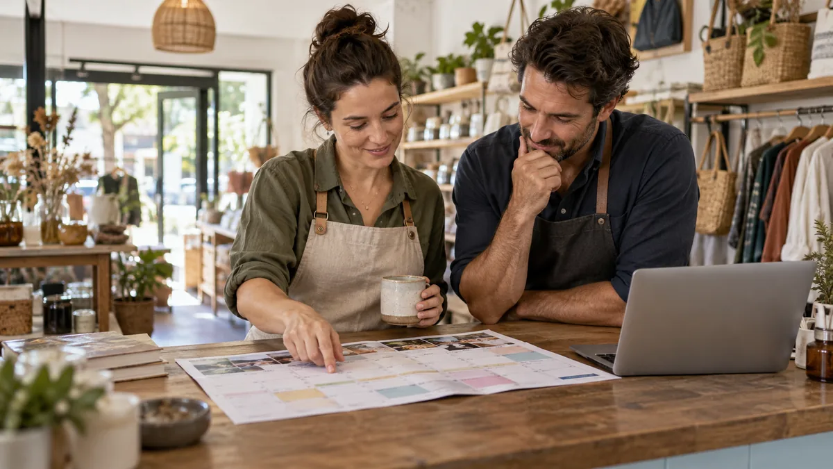 Two small shop owners review a paper four-month seasonal calendar at counter, no legible tiny text.