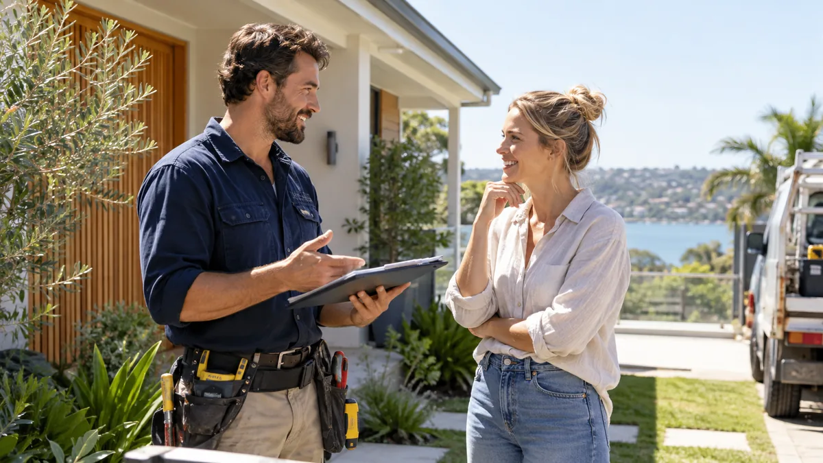 Tradesperson speaks with local homeowner outside sunny Australian house about completing work before holidays.