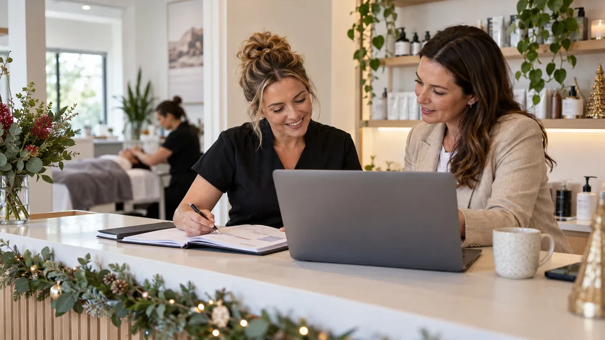Female clinic owner and advisor review campaign budget and diary at reception, subtle Christmas greenery.