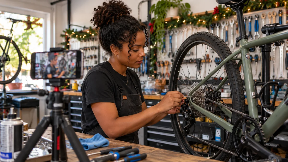 A bicycle mechanic records a useful seasonal maintenance demonstration.