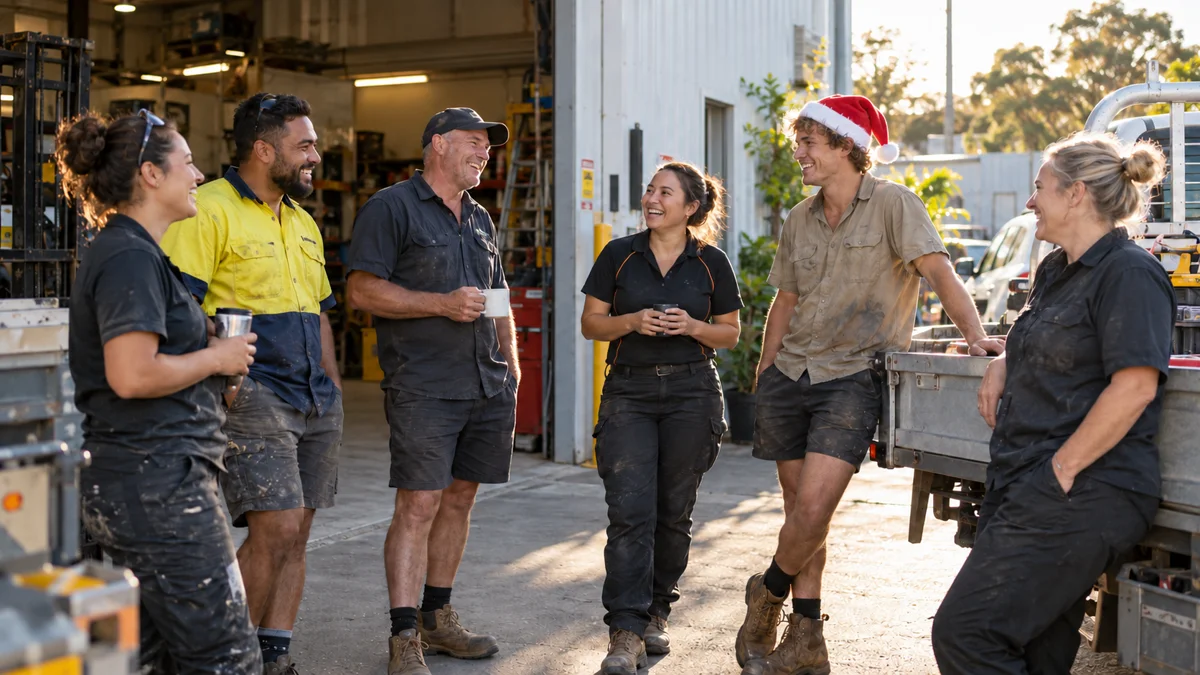 A service-business team shares a relaxed end-of-year moment outside its workshop.