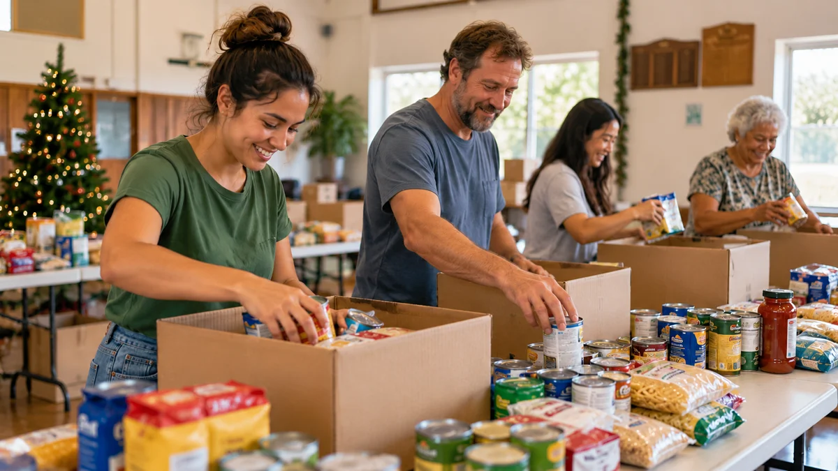 Local business volunteers help with a neighbourhood donation drive.