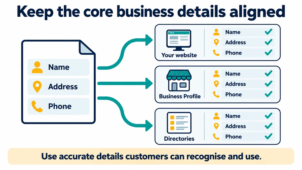 Name, address and phone details match across a website, business profile and directories.