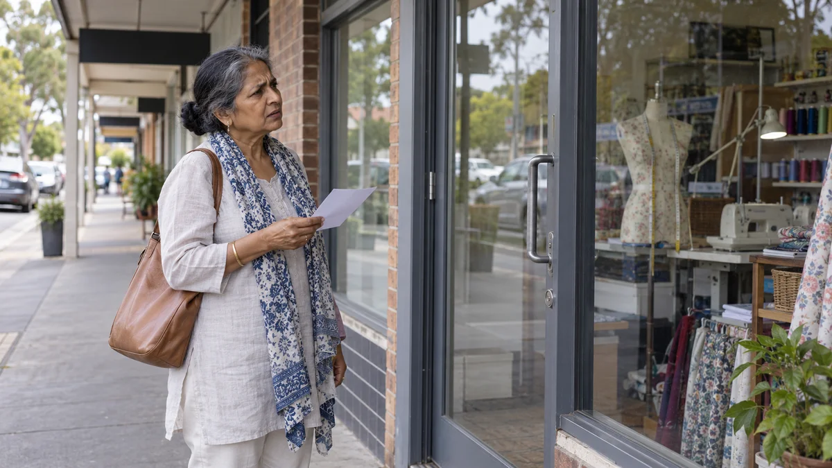 A customer checks a local shop's entrance after finding confusing business information.