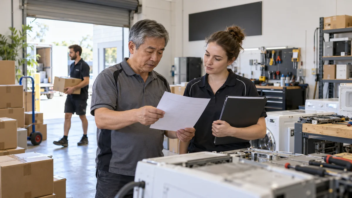 A business owner and colleague check details during a move to new premises.