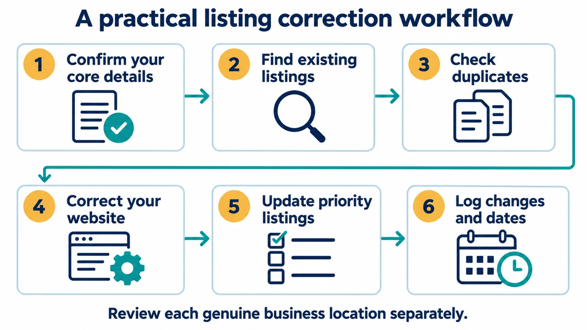 A correction process runs from choosing accurate core details to logging updates and checking duplicates.