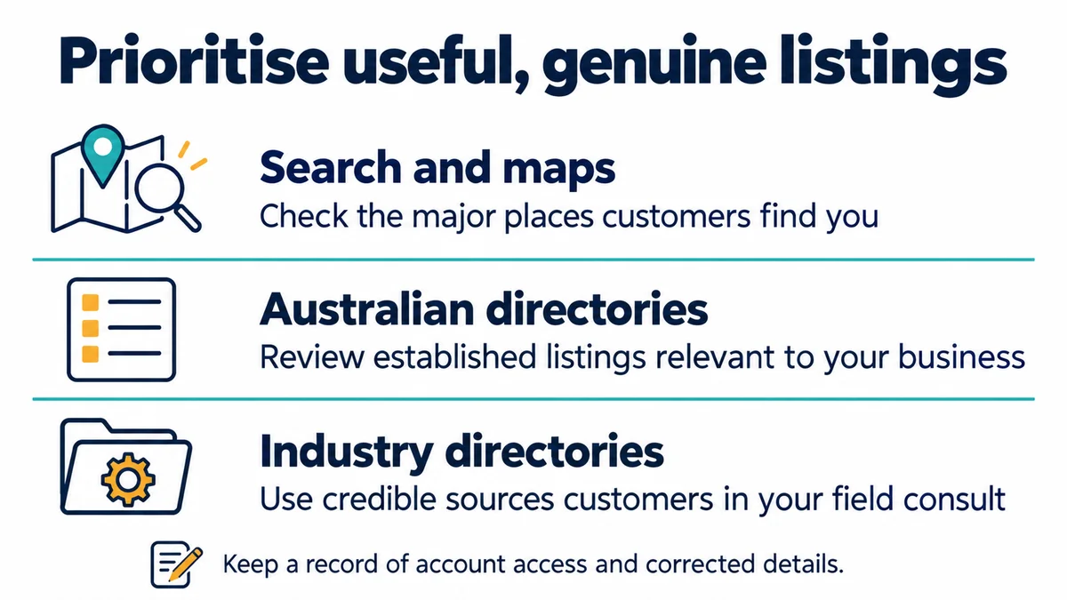 A directory checklist separates search and map listings, Australian directories and relevant industry listings.