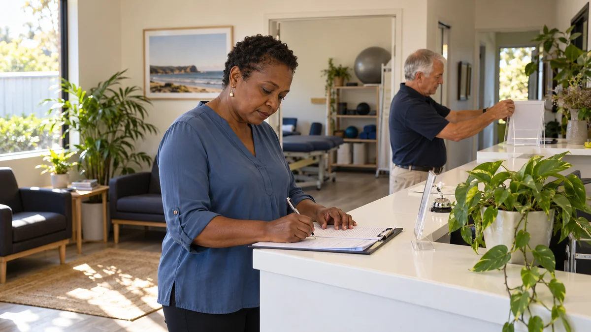 A small-business owner updates a change checklist as colleagues prepare the workspace.