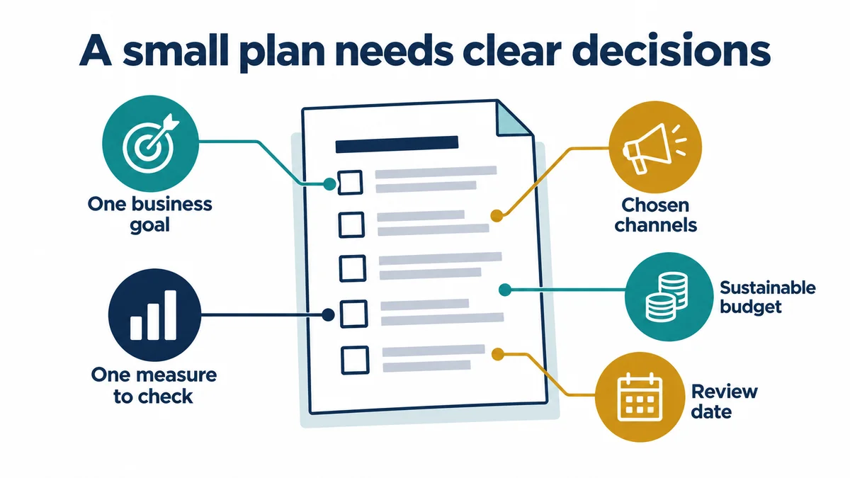 A one-page marketing plan covers the goal, the channels and the review date.
