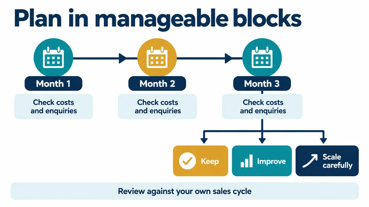 A 90-day review block gives a channel time to show a real pattern before redirecting spend.