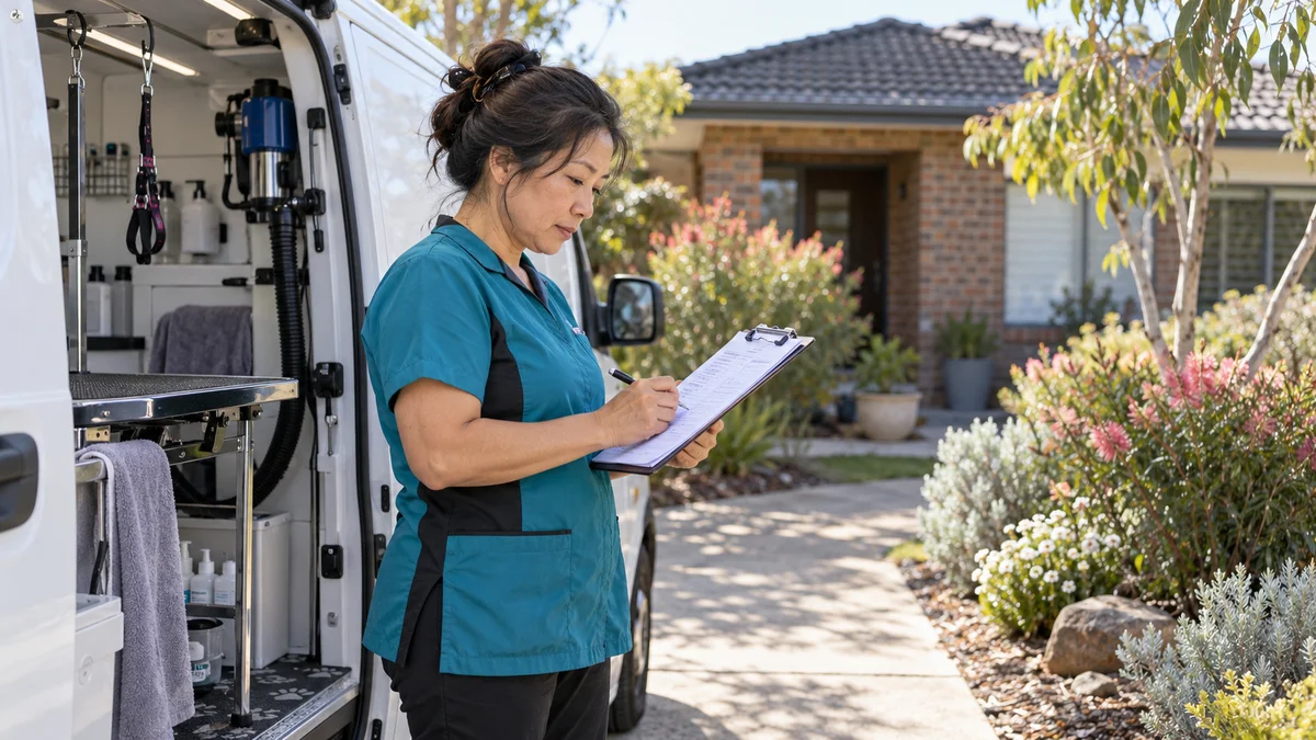 A service-business owner checks business details while preparing for the workday.