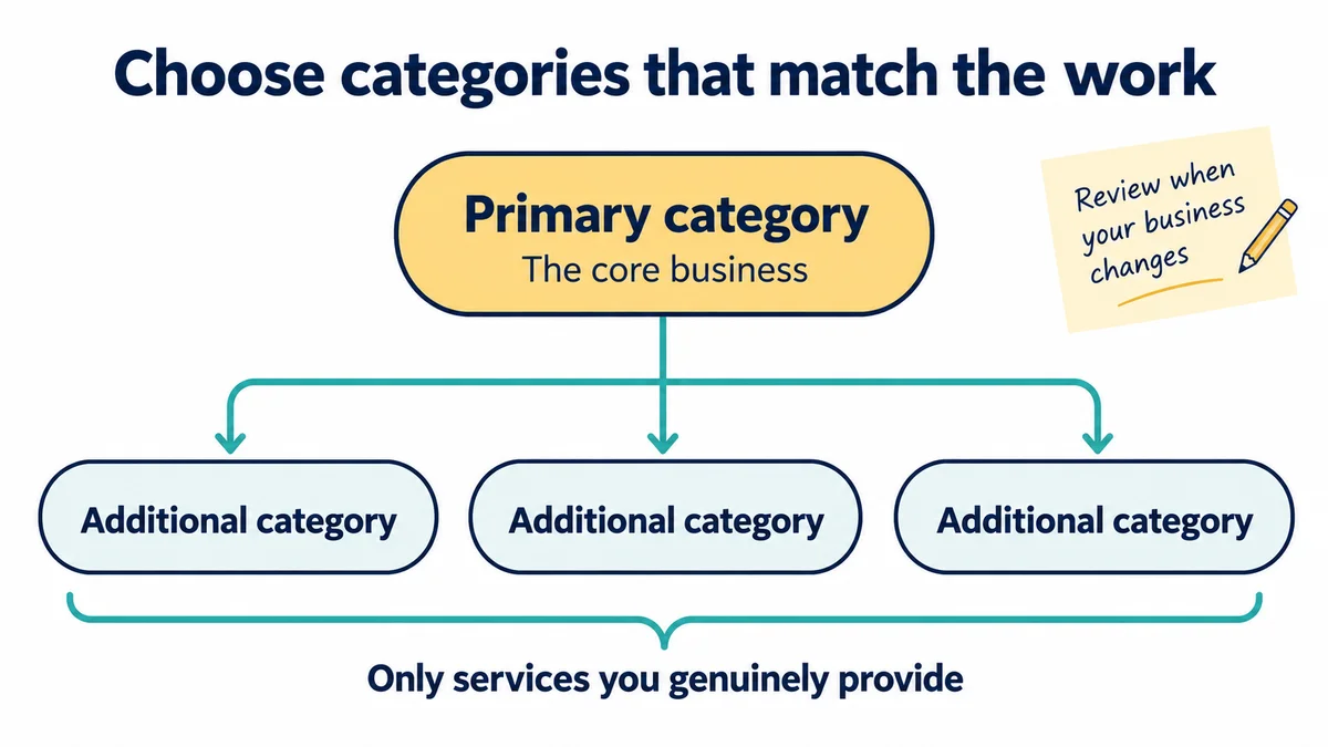 A primary business category connects with additional categories that genuinely match services offered.