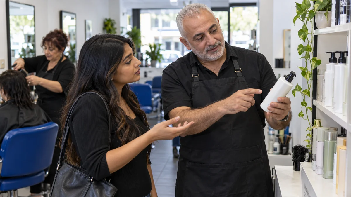 A salon owner answers a customer's question beside a small haircare display.