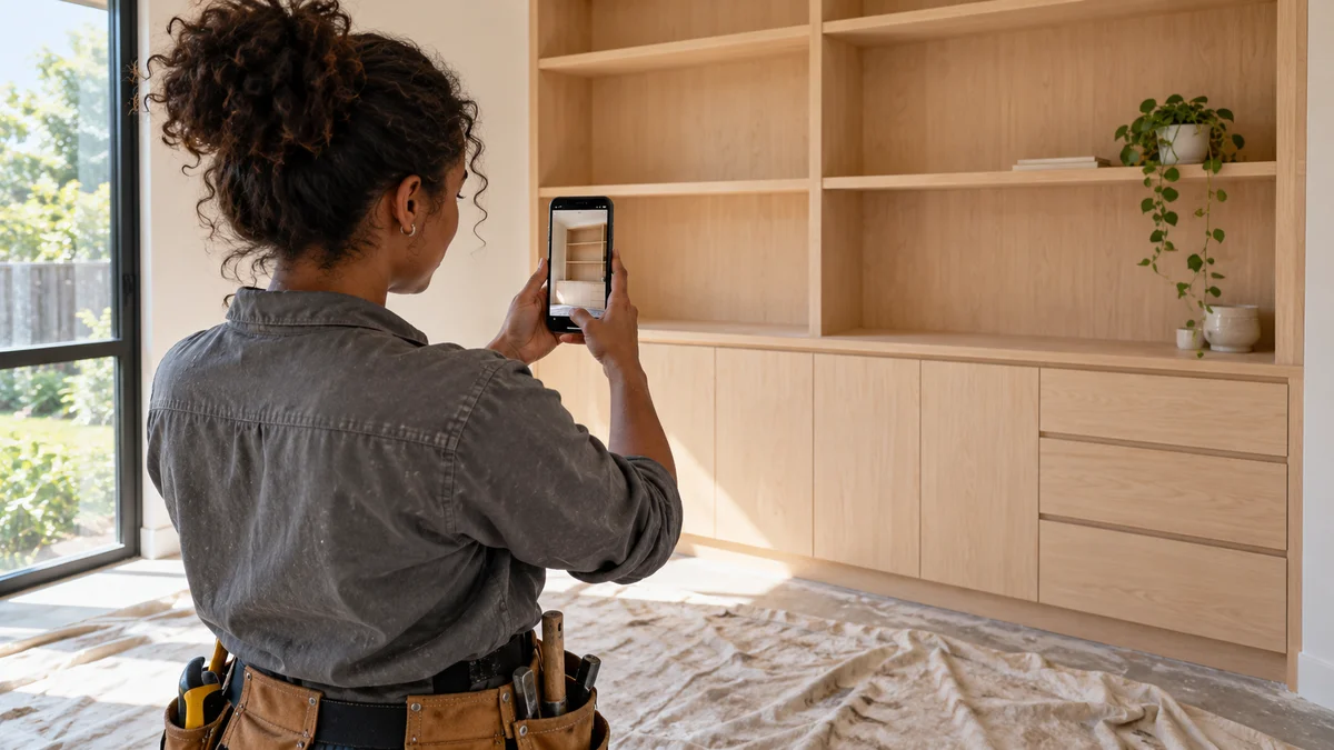 A carpenter prepares to photograph a completed built-in cabinet in a customer's home.