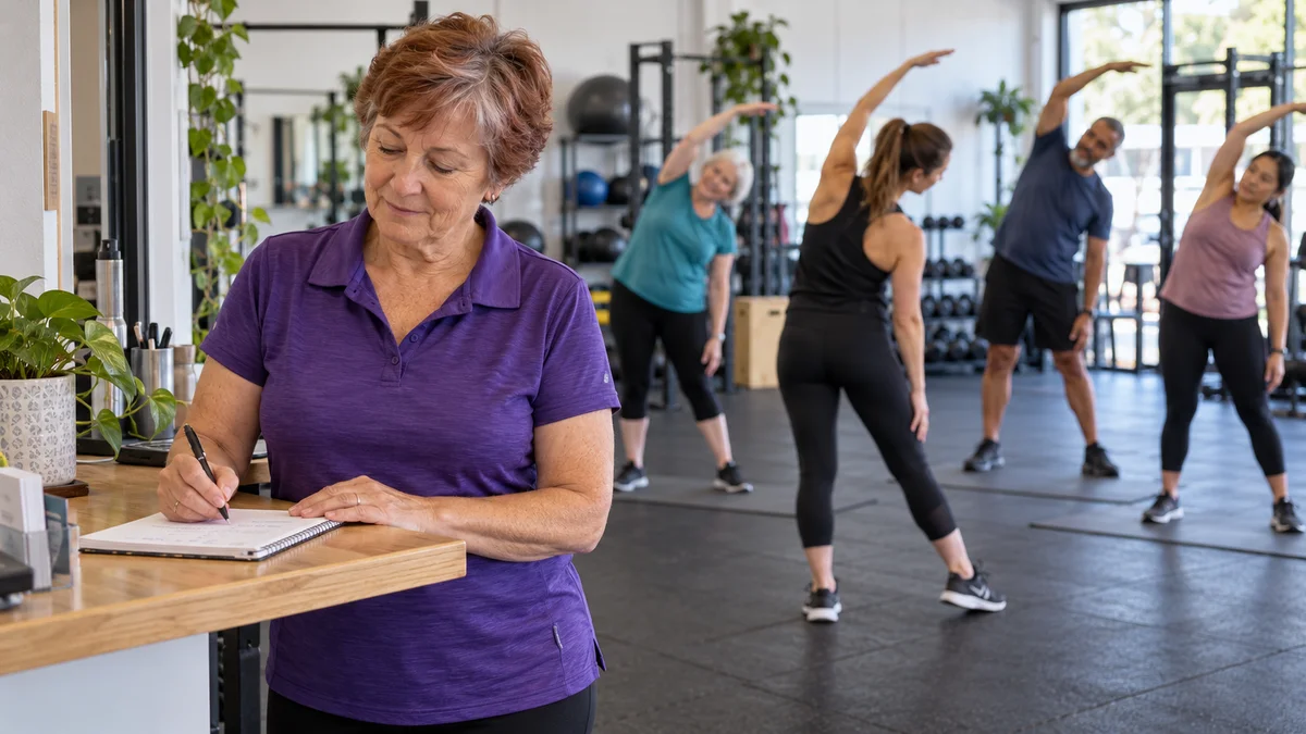 A fitness studio owner prepares an update about changed opening hours while classes continue nearby.
