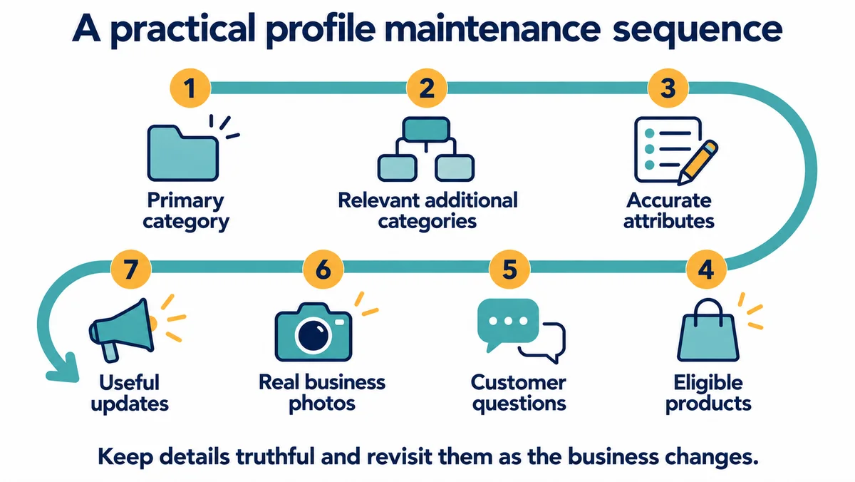A profile maintenance checklist runs from categories and accurate details to real photos and useful updates.