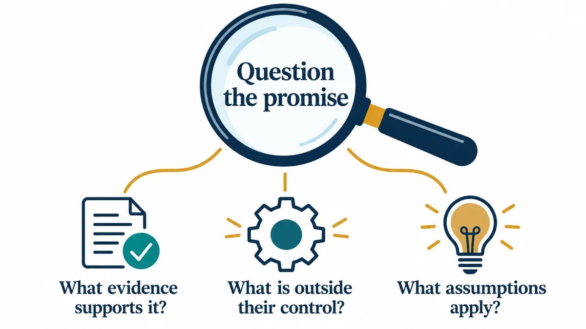 Small business owner reviewing a marketing proposal document, checking claims before signing.