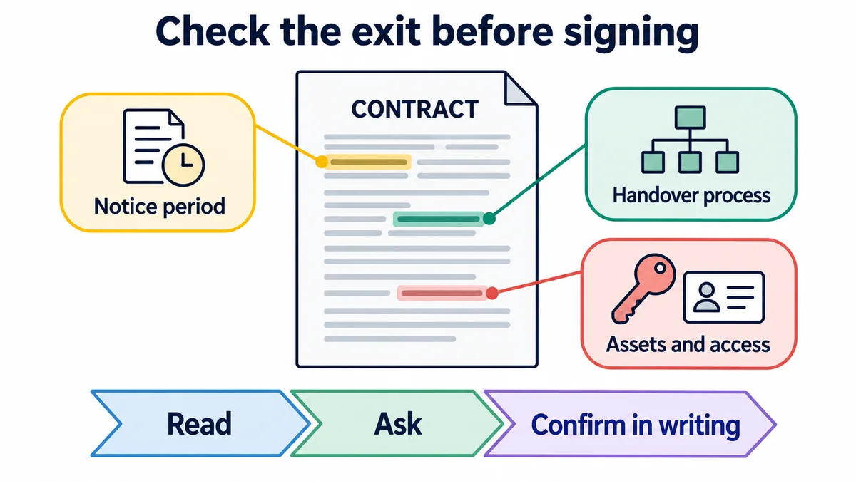 Business owner reading the exit clause and handover terms in a marketing contract.