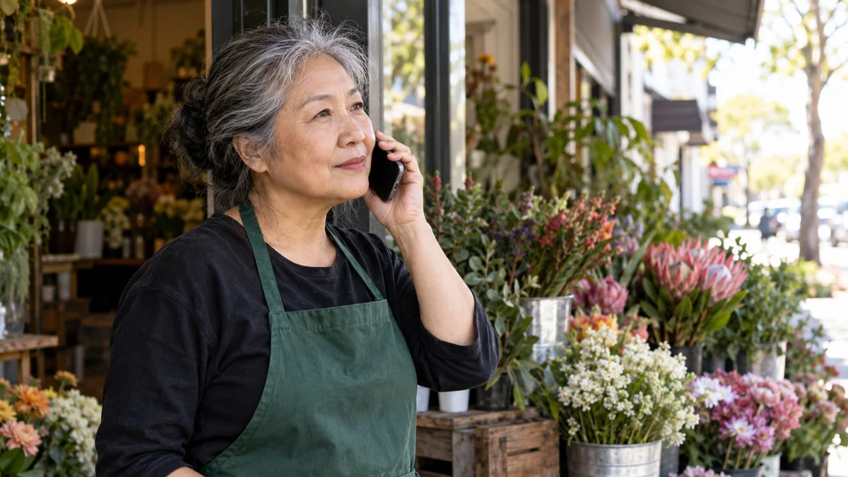 Business owner on a phone call with a client reference before choosing a marketing agency.