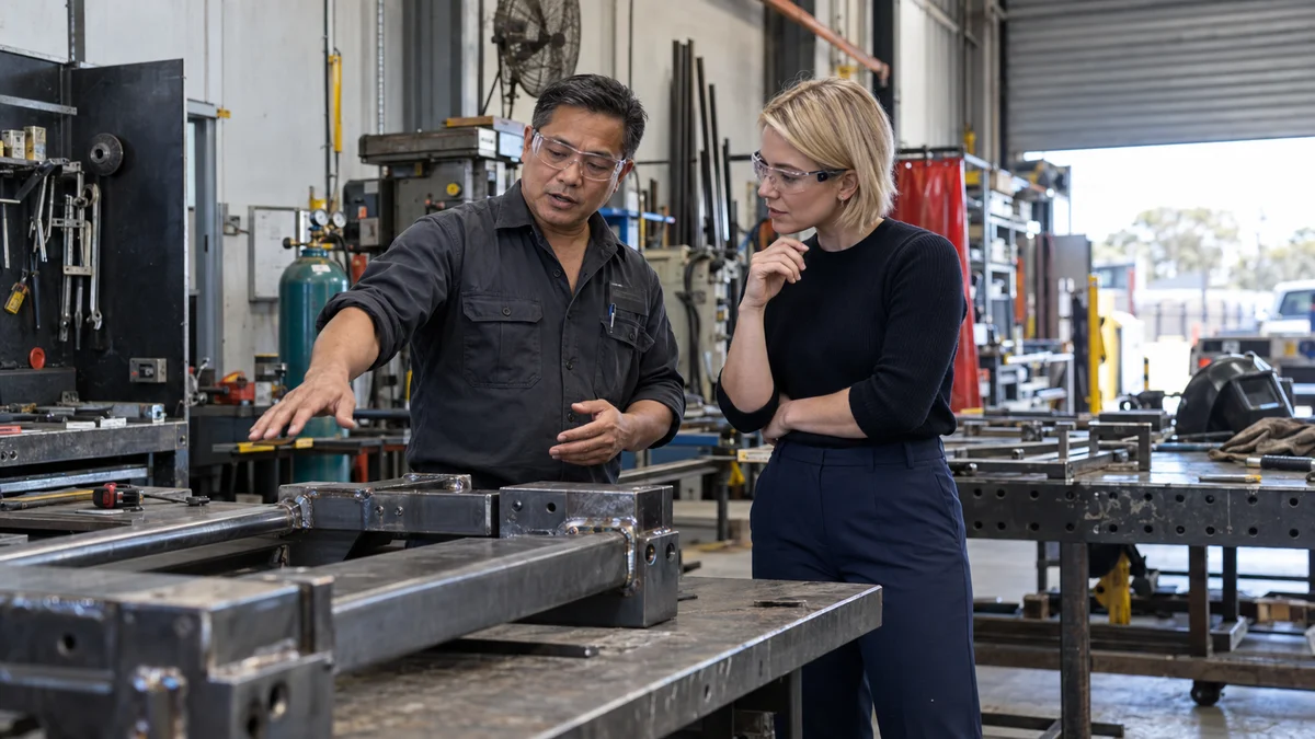 A workshop owner discusses business goals with a marketing strategist beside completed metalwork.