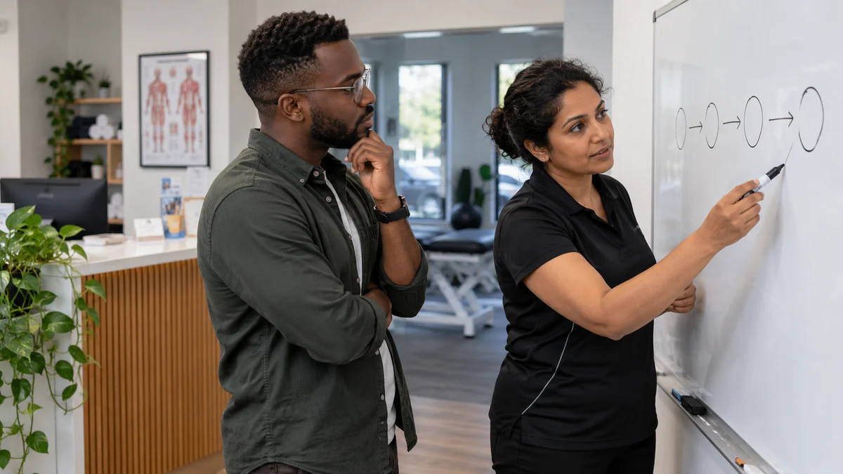A clinic owner and strategist map the customer enquiry process on a whiteboard.