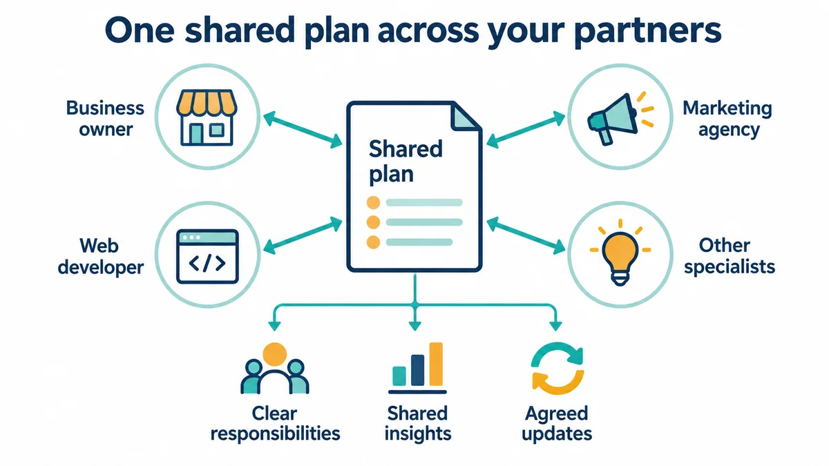 A shared marketing plan connects the owner, agency and existing specialists through clear responsibilities and updates.