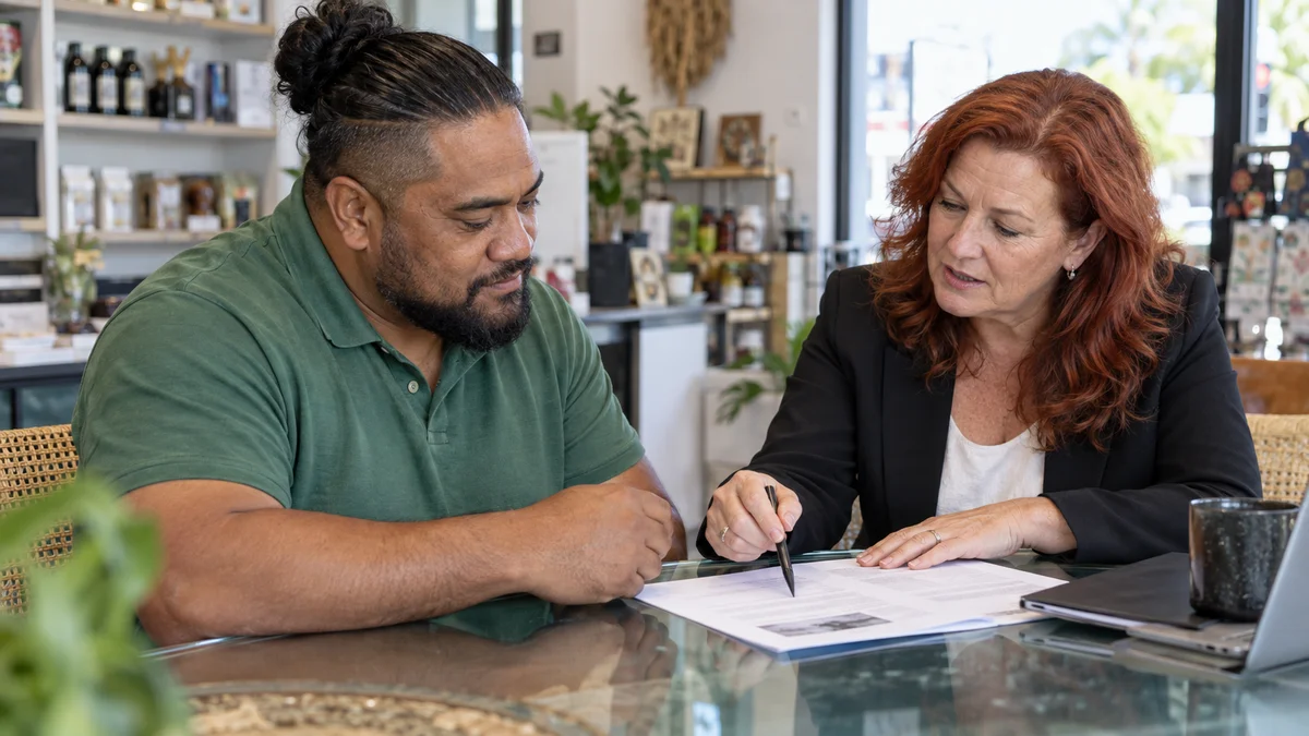 A shop owner and agency representative review a printed proposal.