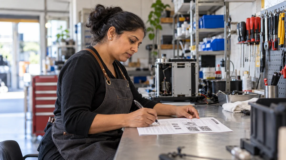 A small business owner marks up a printed service information page, thinking through what changed in search.