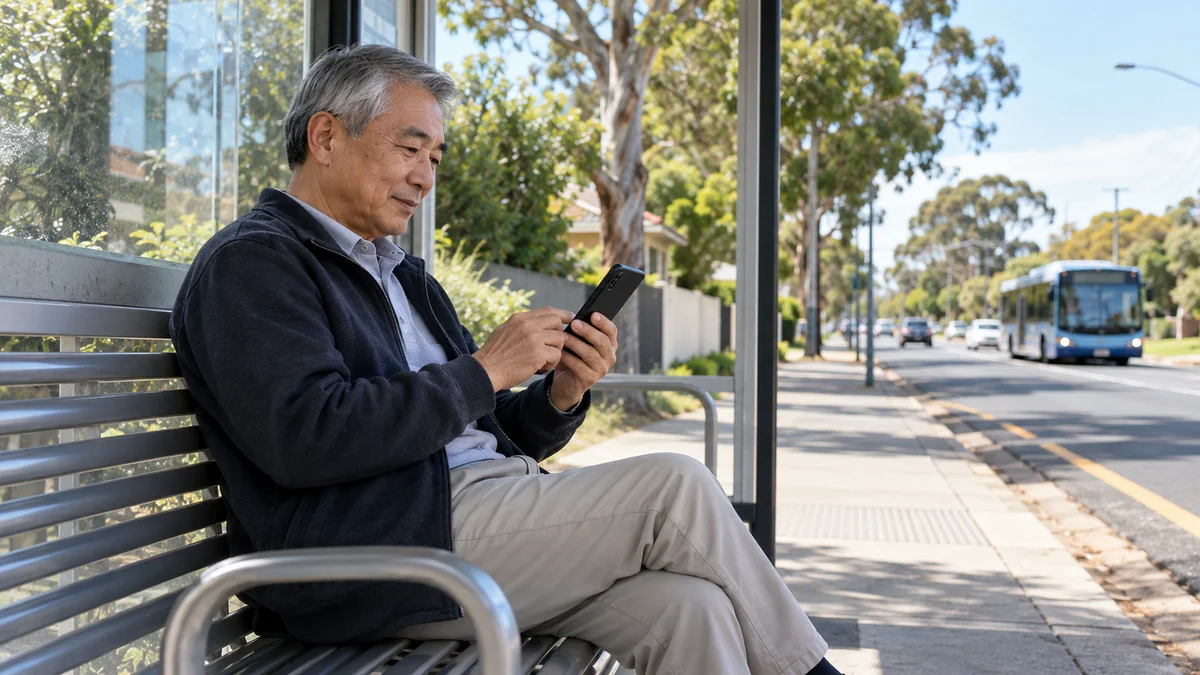 A customer checks a local service on a smartphone at a suburban bus stop.