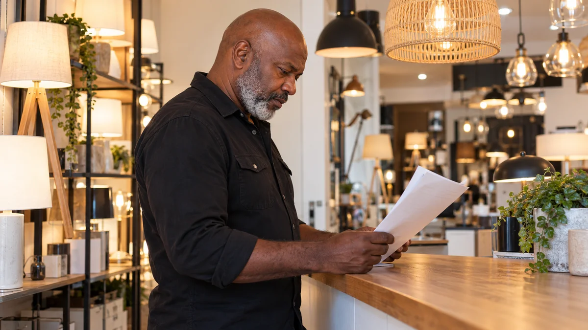 A small business owner reviews a printed proposal, weighing whether AI search optimisation is worth the spend.