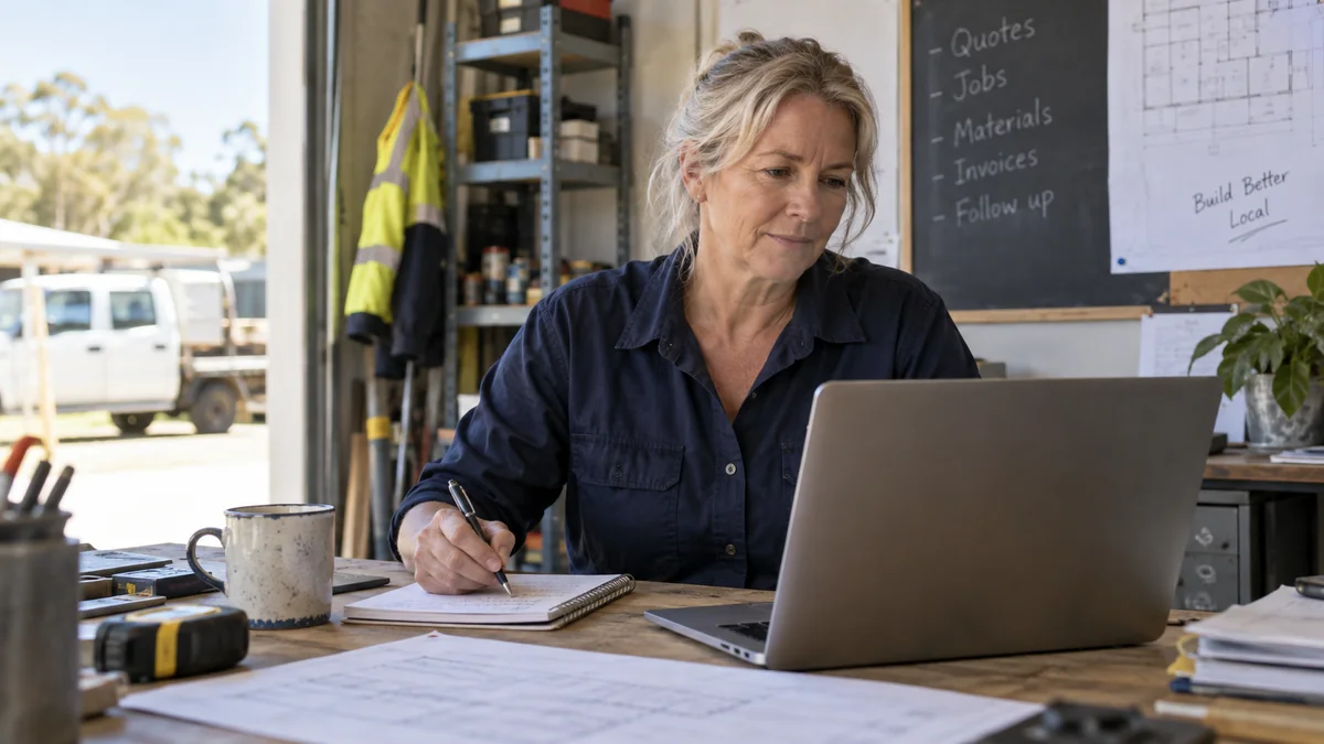 Trades business owner reviewing her advertising account at a laptop.