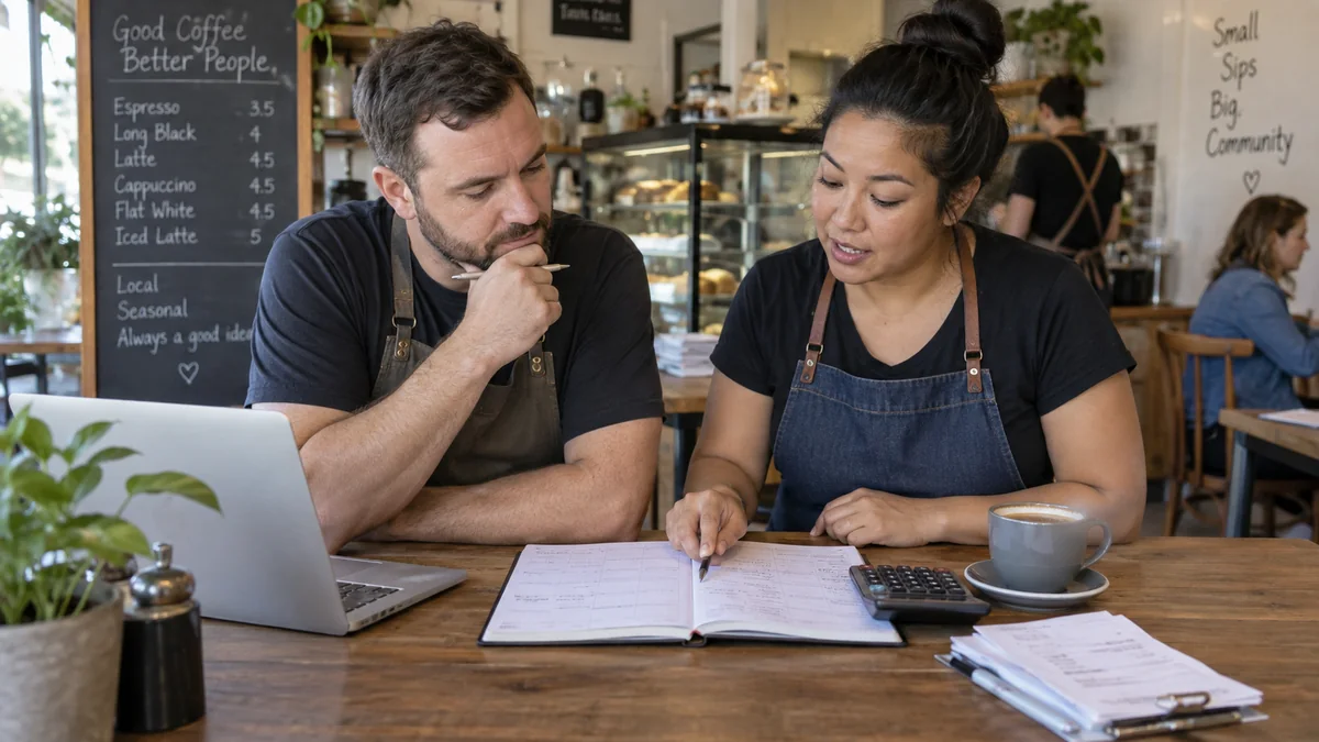 Cafe owners reviewing their marketing budget together.