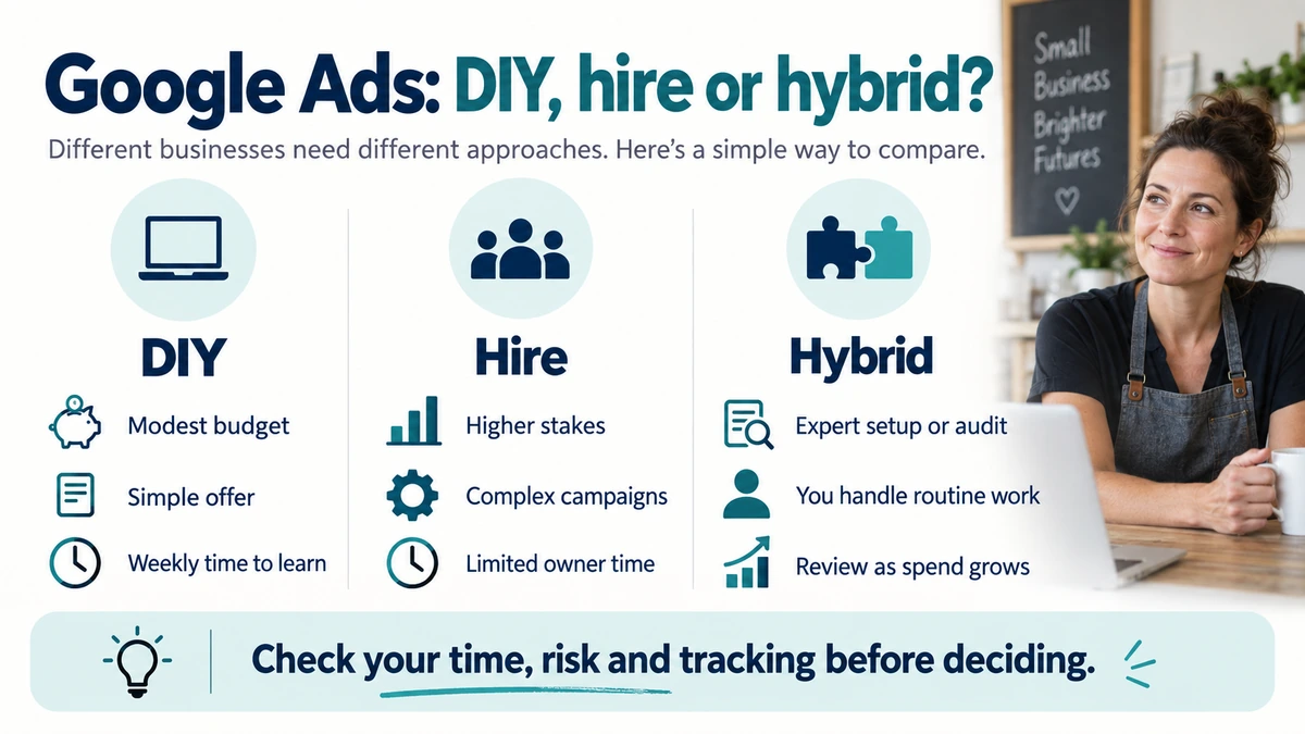 Google Ads decision guide: DIY for simple campaigns and time to learn; hire for complexity or limited time; hybrid for expert setup with routine owner management.